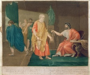 Sofokles (ca. 496-405 f.Kr.) i en alder av 83 år blir hedret med en olivenkrans av den athenske magistraten (fargegravering)